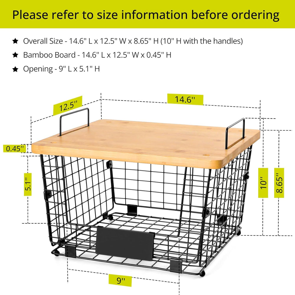 1 Set Stackable Wire Basket with Bamboo Top - Kitchen Counter, Pantry Organiz...