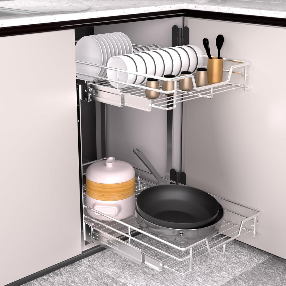 EZKAZA Pull Out Cabinet Organizer 9.5" W x 21" D, 2-Tier Kitchen Ca...