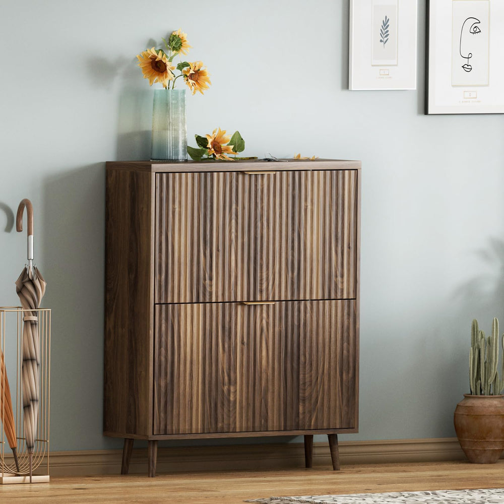 Shoe Cabinet Storage, Modern Freestanding Organizer with 2 Flip Drawers, Narr...