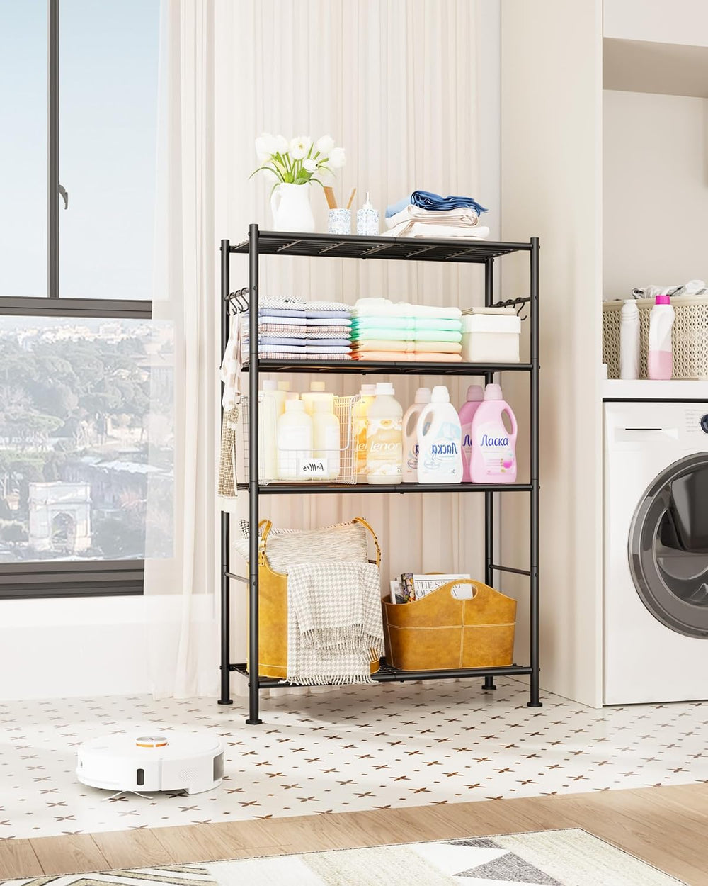 Sakugi 4-Tier Storage Shelves with 6 Hooks, 33.2" x 12.7" x 57.3&qu...