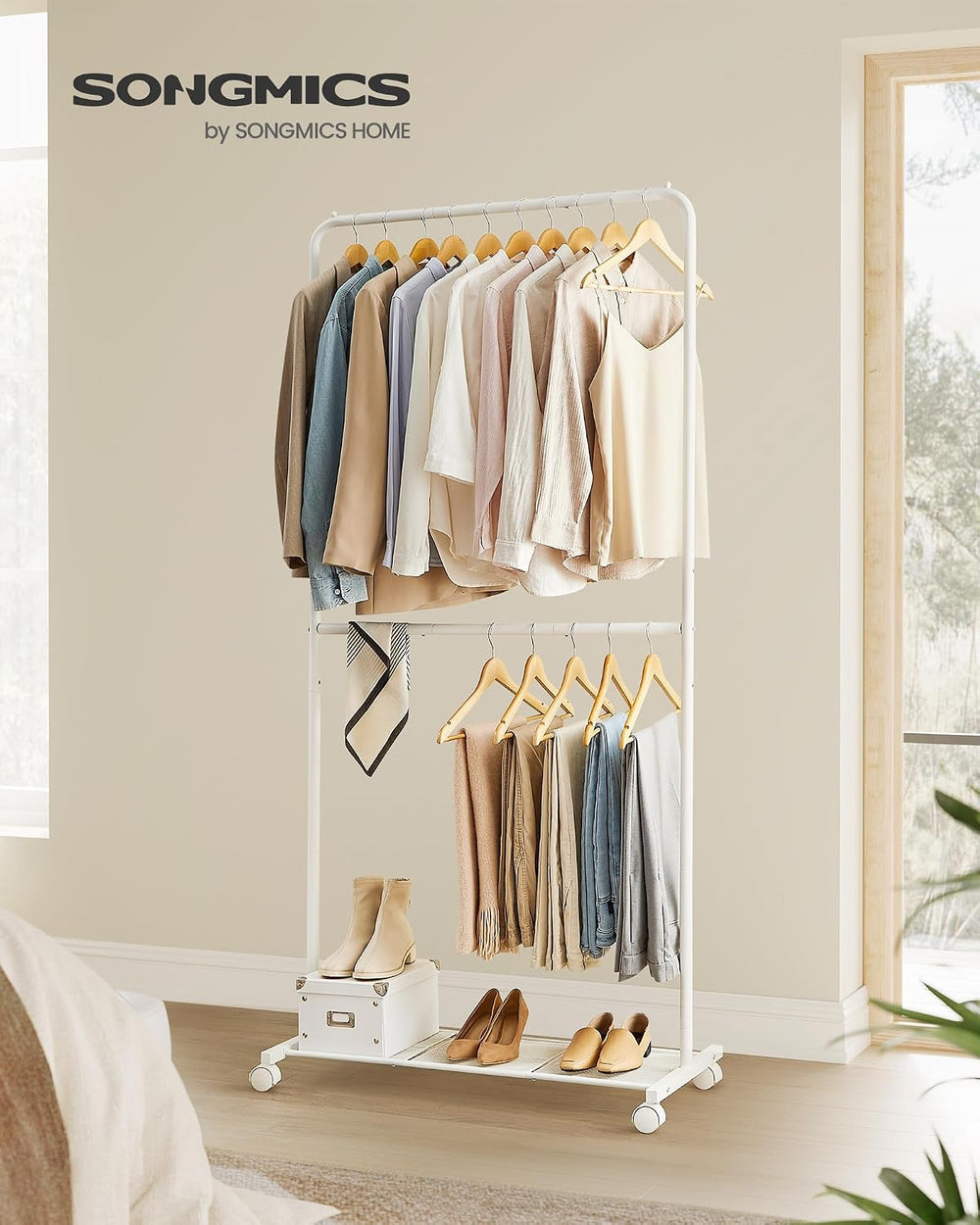 SONGMICS Clothes Rack with Wheels, Metal Garment Rack, Mesh Storage Shelf