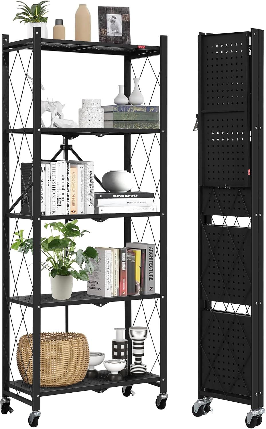 DEANIC 5-Shelf Folding Bookcase with Wheels, Rolling Bookshelf Heavy Duty Sto...