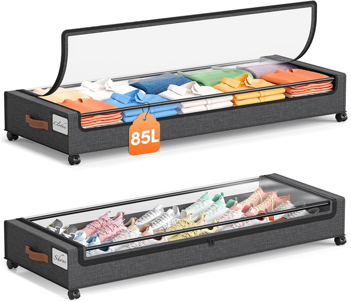 Yecaye 85 L Under Bed Storage with Wheels, 2 Pack Extra Large Under Bed Storage Containers with Metal Frame & Clear Lid, Rolling Underbed Organizer Bins Drawers for Clothes, Shoes, Blankets, Hemp Grey