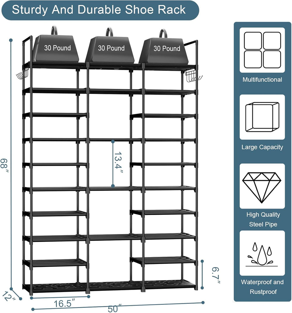 Kottwca 3 Row 10 Tier Large Shoe Rack Organizer for Closet Entryway, 60-65 Pa...