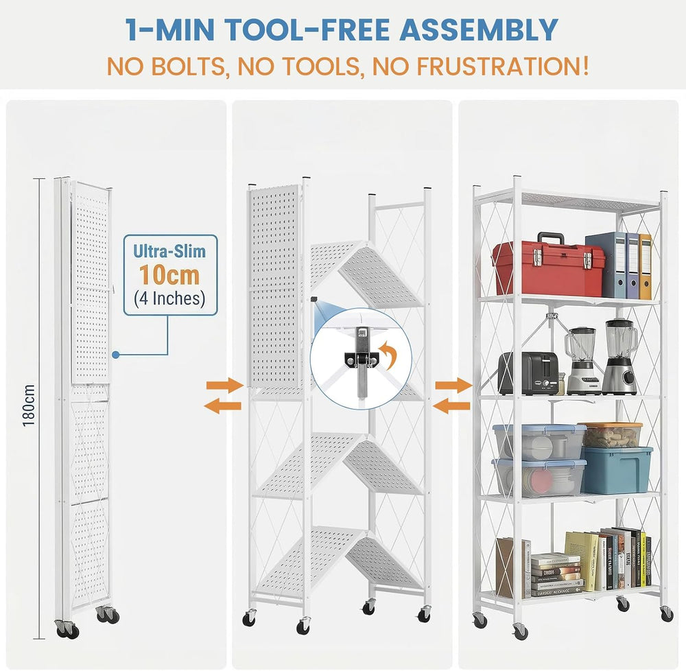 ALANNG 70.7" H Metal Storage Shelves, 5 Tier Folding Shelf on Wheels