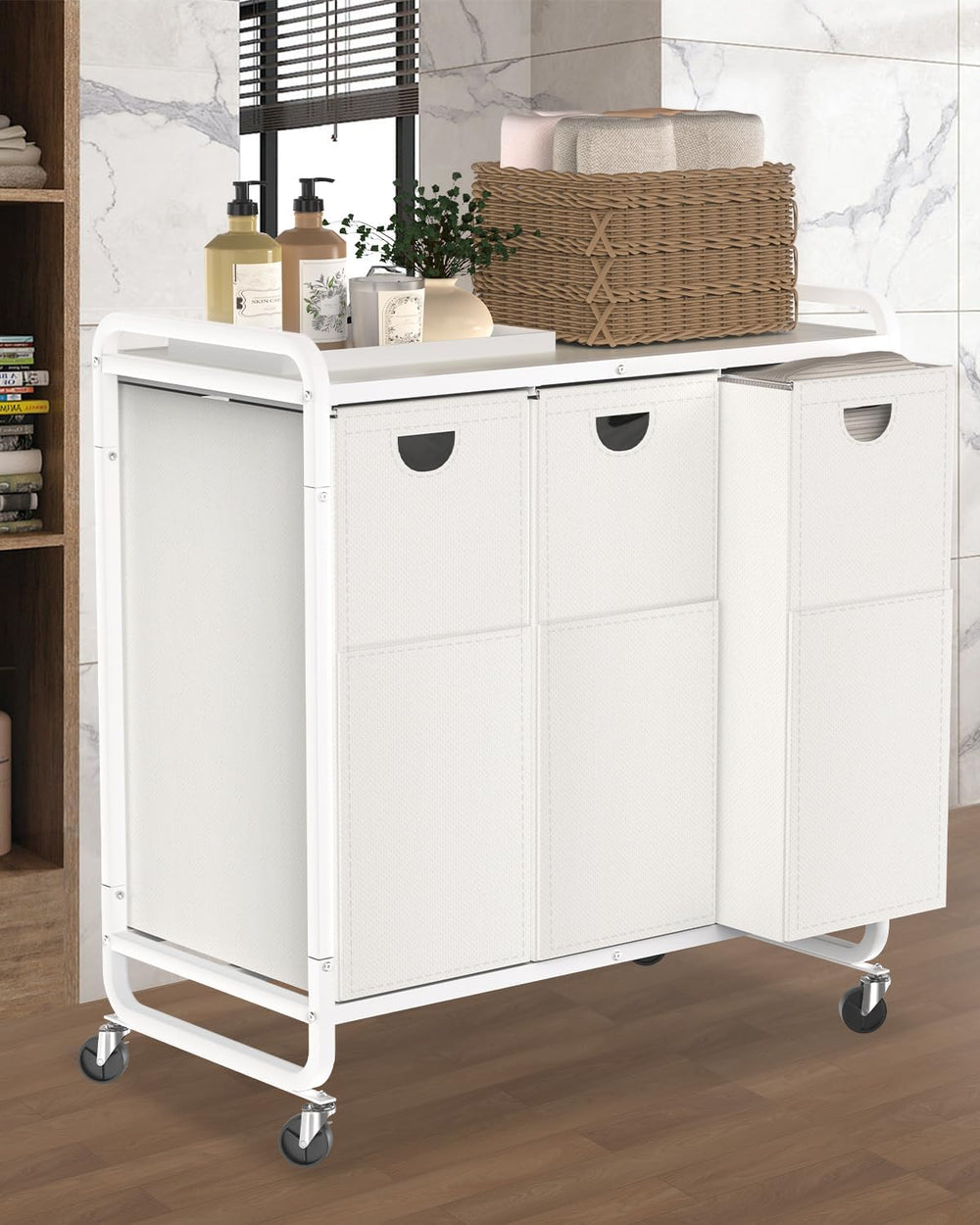 Laundry Hamper 3 Section,Laundry Basket with Wheels,3×15.8 Gal (60L) White
