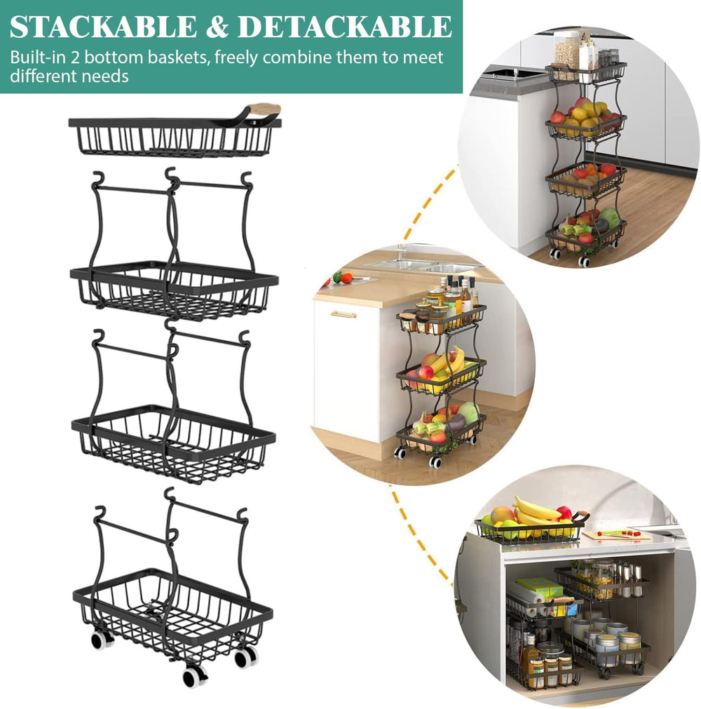 4 Tier Stackable Fruit Vegetable Storage Basket Kitchen Rolling Cart