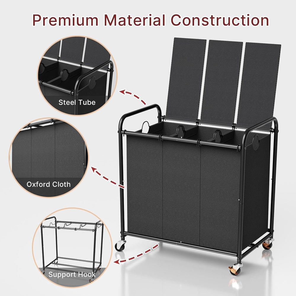 180L Laundry Sorter 3 Section with Lockable Wheels and Lid Black