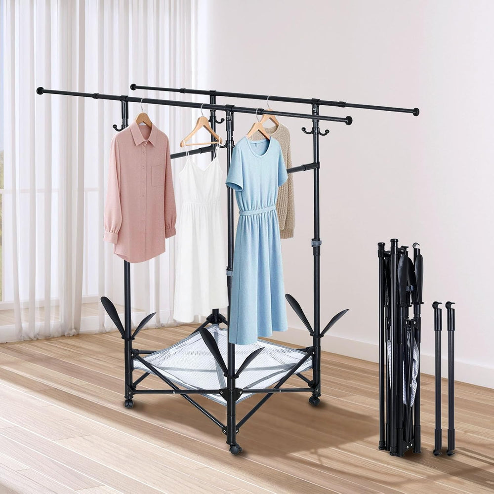 Folding Clothes Drying Rack with Extendable Rod and Wheels