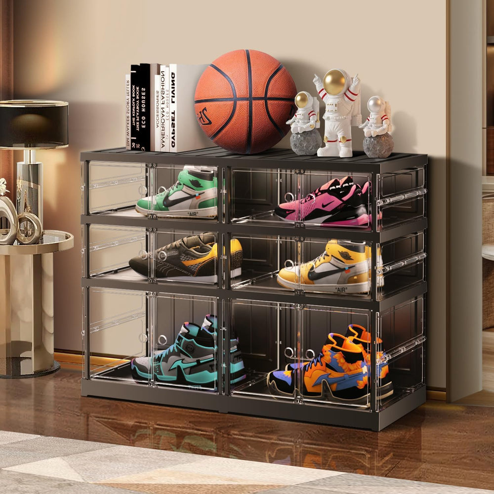 EHAMILY 3-Tier Foldable Shoe Rack, Magnetic Clear Doors, 12 Pairs, Black