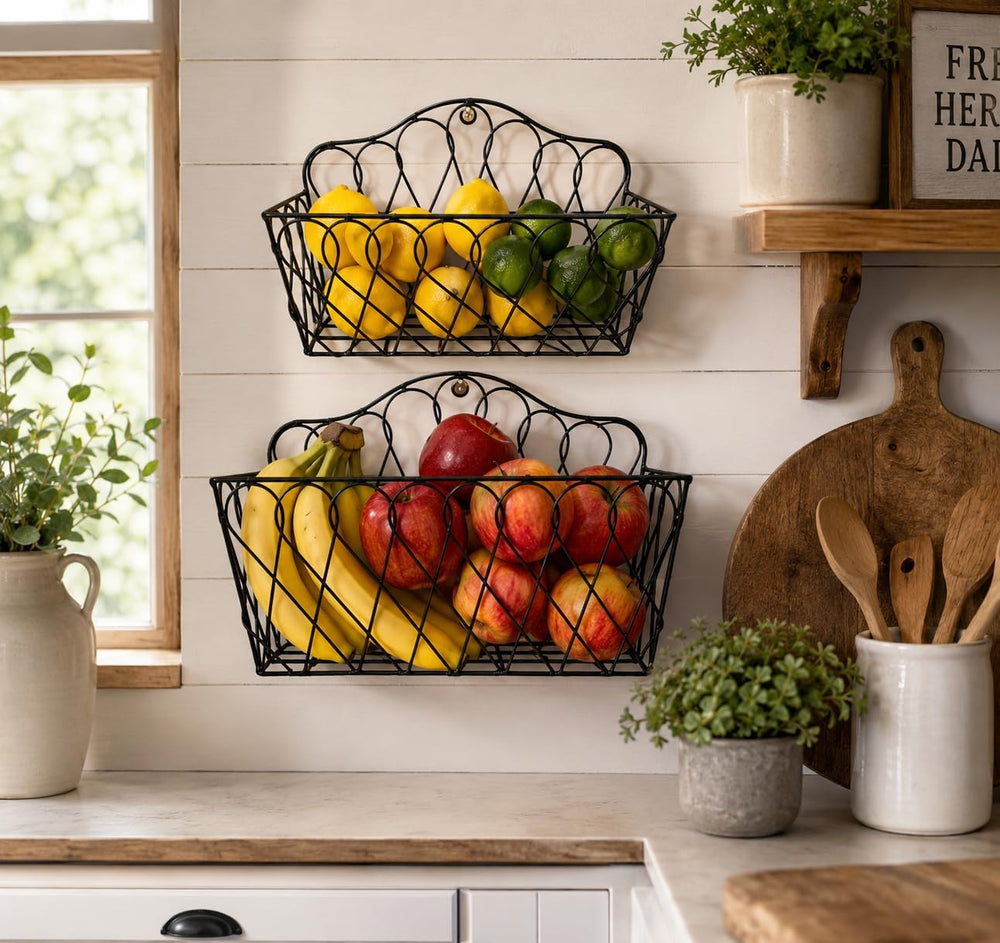 Farmhouse Hanging Wall Storage Baskets Set of 2, Metal Wire Wall-Mounted Bask...