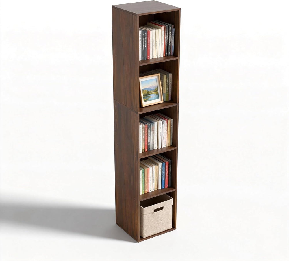5 Cube Storage Organizer, Narrow Open Shelf Bookcase, Freestanding 5 Tier Low...