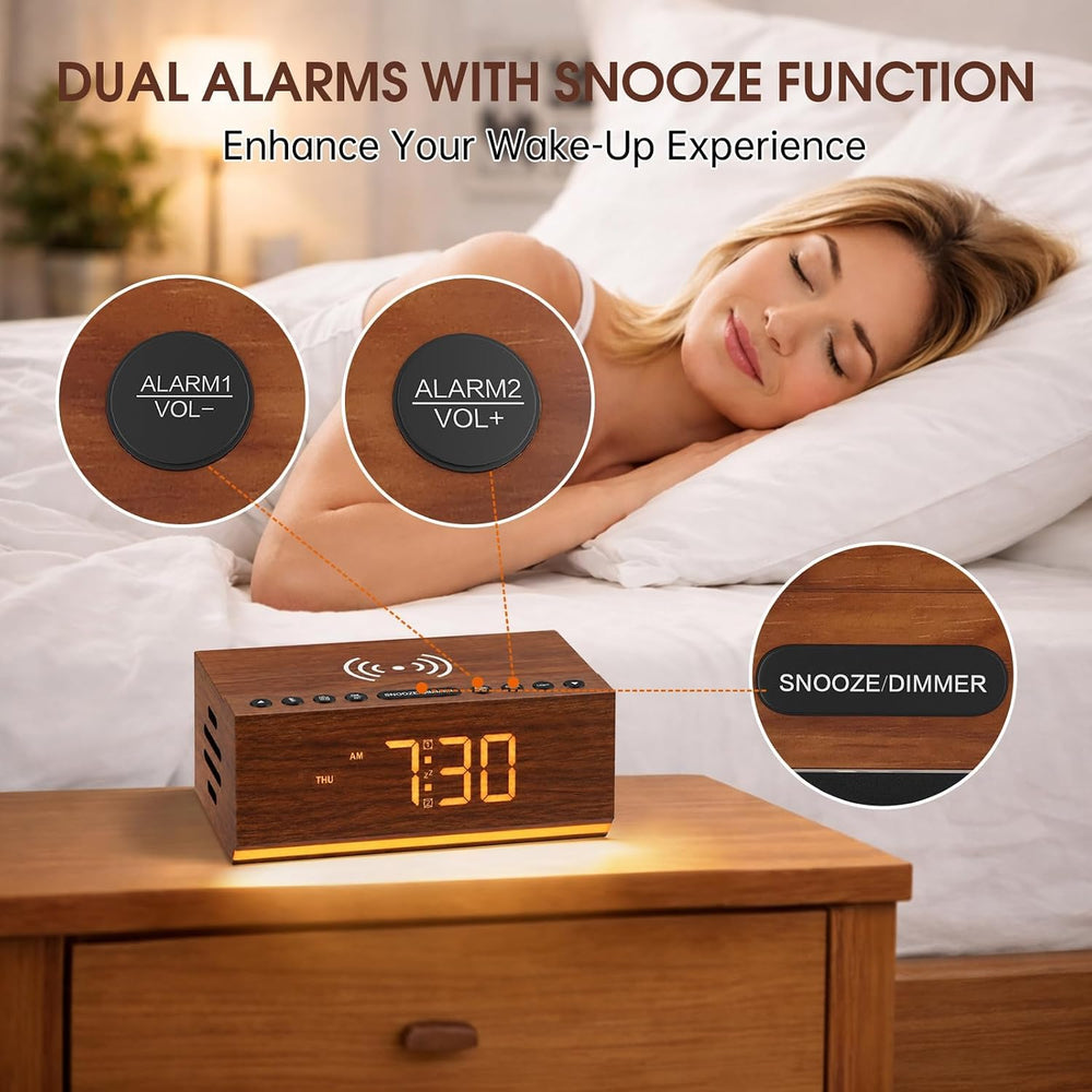 Wooden Digital Alarm Clock with Wireless Charging & Bluetooth Speaker