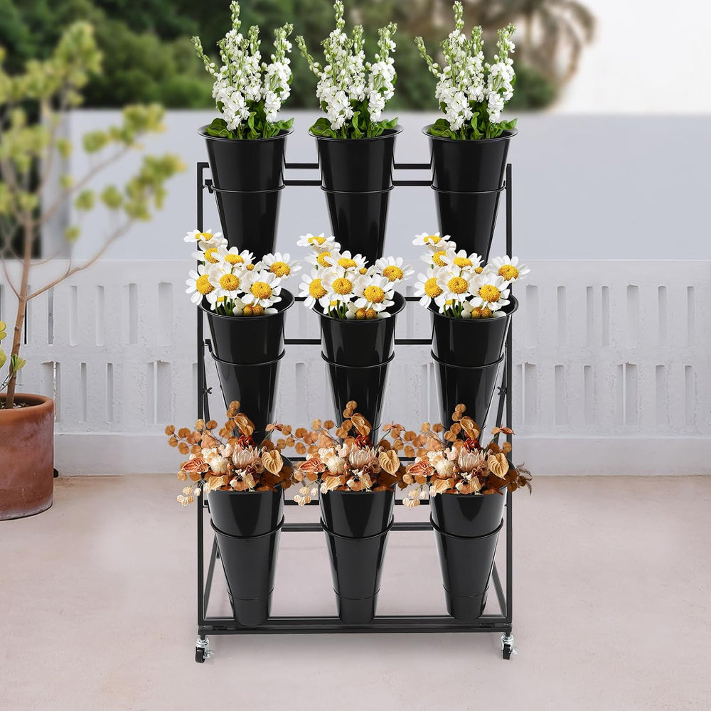 Flower Display Stand with 9 Pcs Round Buckets, 3 Layers Metal Plant Stand Mov...