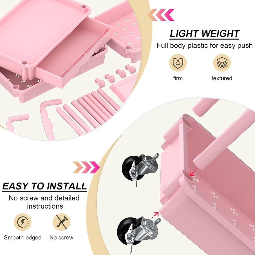 3 Tier Rolling Utility Cart Organizer with Removable Drawer, Pink