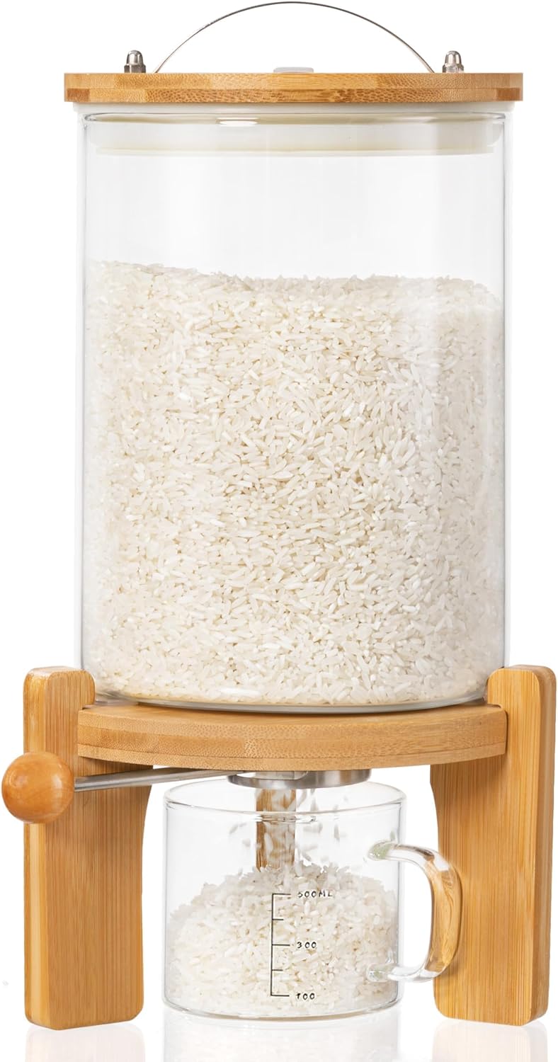 HBlife 5-7 Lbs Glass Rice Dispenser with Wooden Stand Flour and Cereal Contai...