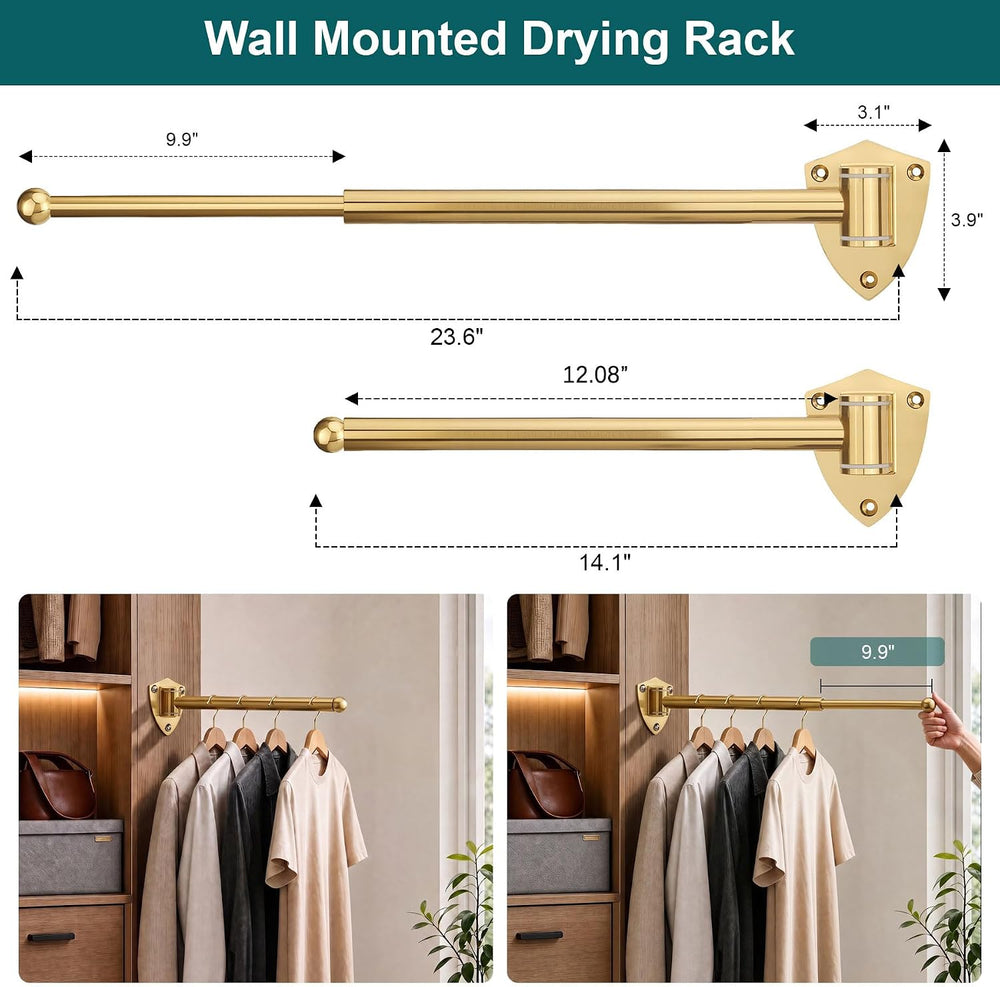 12" Wall Mounted Drying Rack, Foldable & Pull-Out Clothes Hanger, Br...