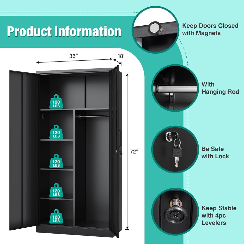 Wide & Deep Metal Storage Cabinet with Hanging Rod,Black Broom Closet Sto...