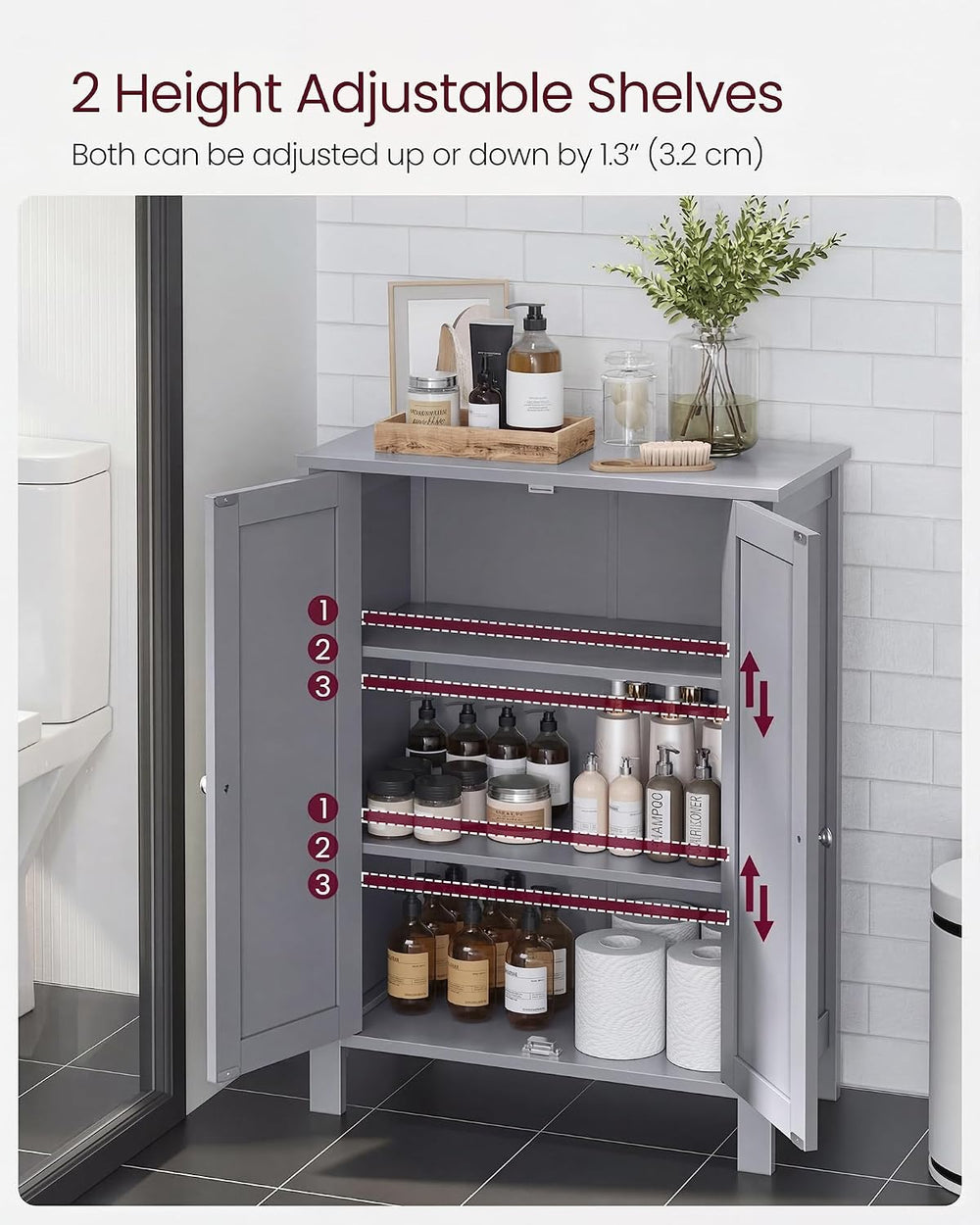 VASAGLE Bathroom Floor Storage Cabinet,2 Adjustable Shelves,Dove Gray