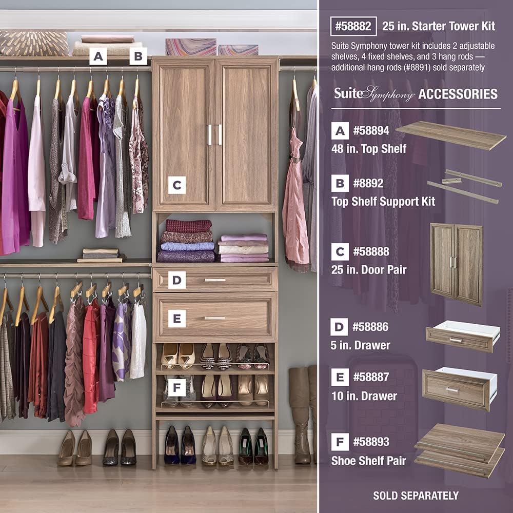 ClosetMaid SuiteSymphony Wood Closet Organizer Starter Kit with Tower and 3 H...