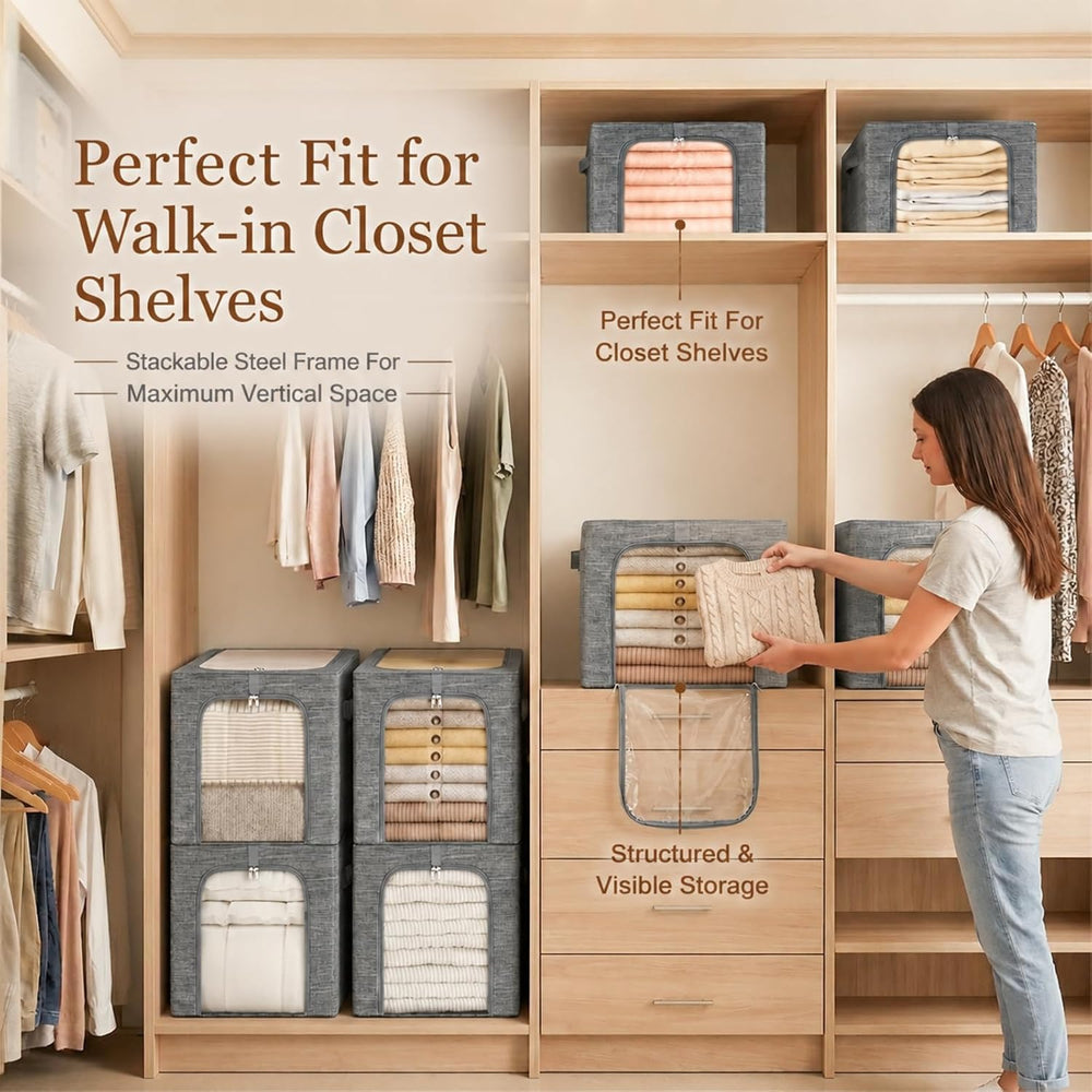GoMaihe Clothes Storage Bins with Metal Frame for Closet, 40L 6-Pack Grey
