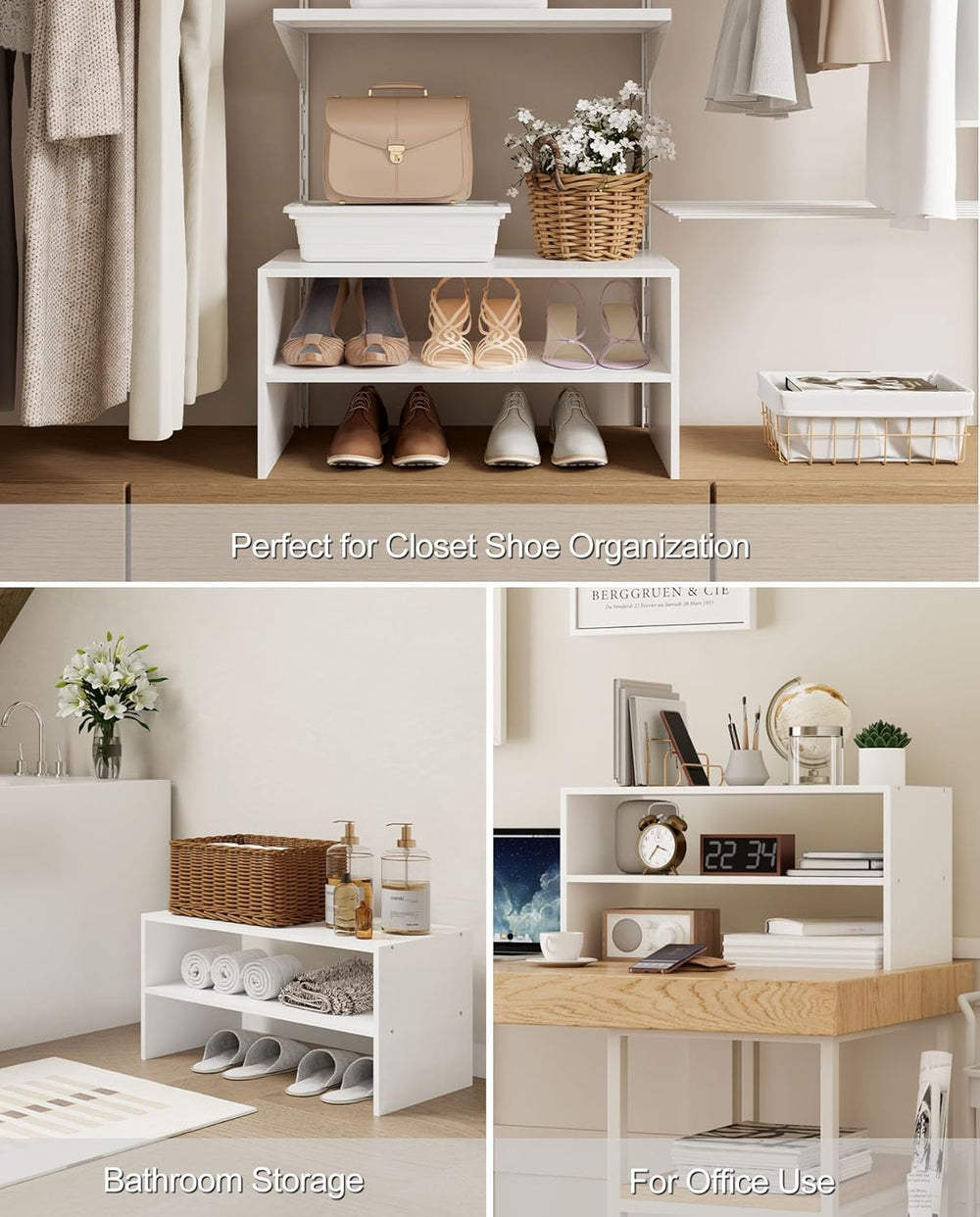 2-Tier Stackable Shoe Rack, Holds 6–9 Pairs, 24.6 Inches, White