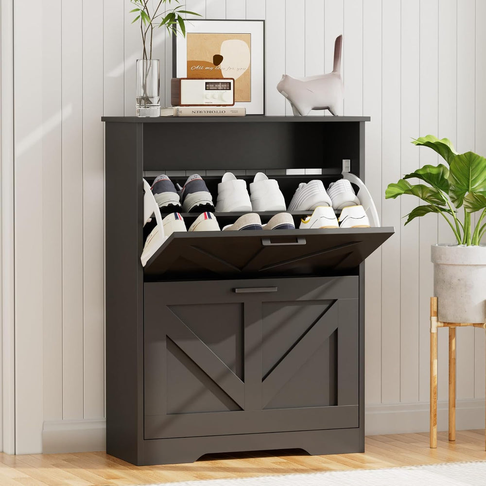 Homleke Farmhouse Shoe Cabinet for Entryway, 2 Barn-Style Flip Drawers