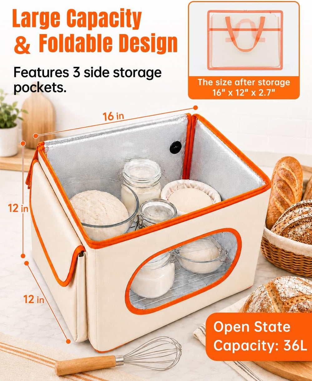 Foldable Bread Proofing Box with Temp Control, 3 Side Pockets &Front Window