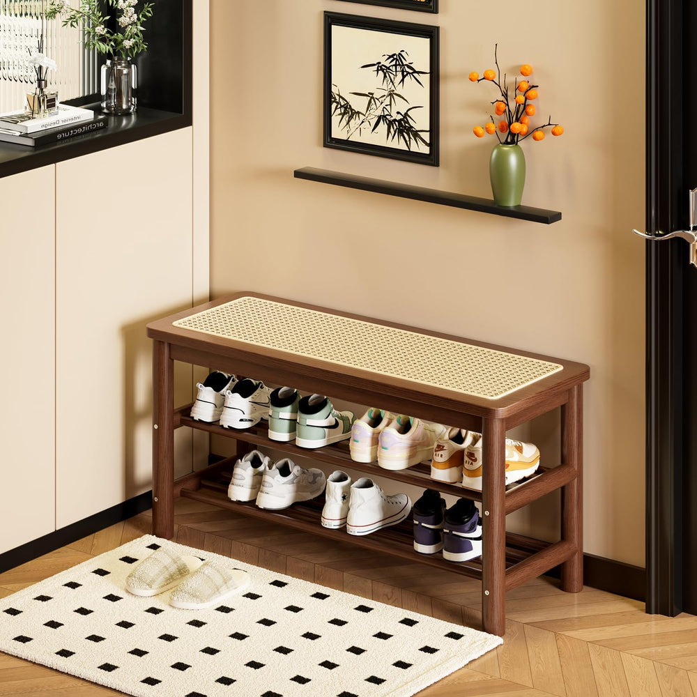 latifolia Shoe Rack Bench, 3-Tier Bamboo Shoe Bench with Breathable Rattan Se...