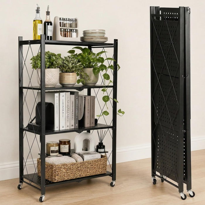 4-Tier Foldable Storage Shelf with Locking Wheels – 200+ lb Capacity Rolling Shelving Unit for Garage, Kitchen, Pantry & Closet | Sets Up in 30 Seconds, No Tools Needed