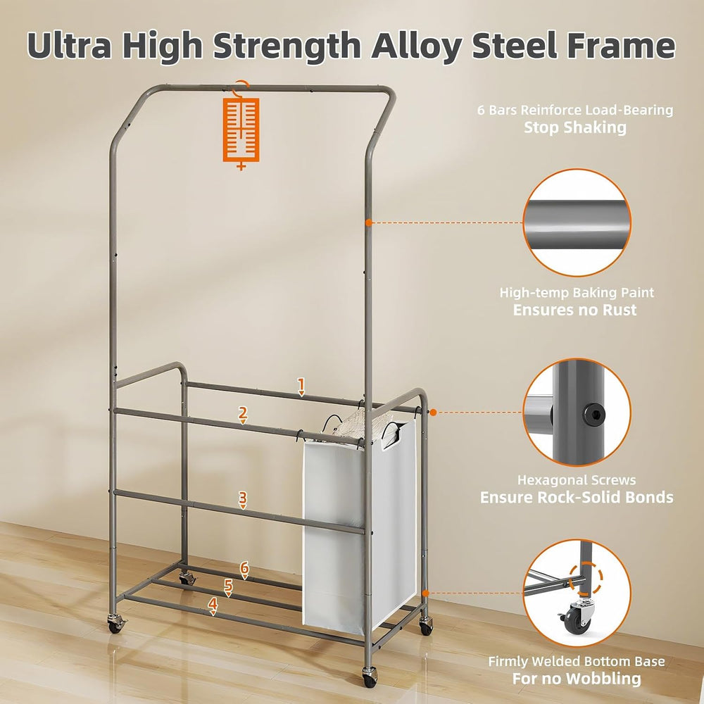 ROMOON Laundry Hamper Sorter Cart, 4 Section Organizer with Hanging Bar
