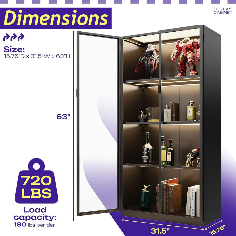 Display Cabinet with Glass Doors,4-Tier Curio Cabinet with Lights
