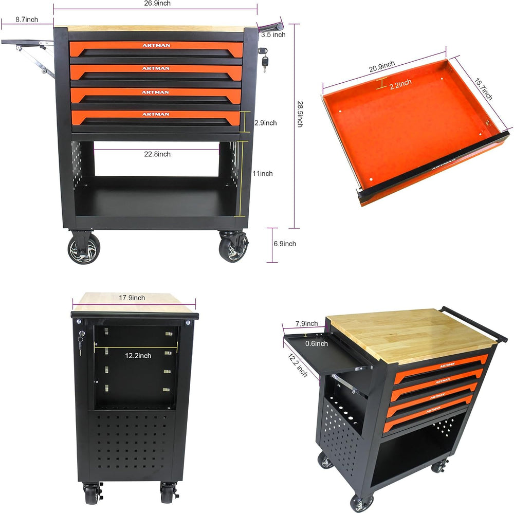 Lockable 4-Drawer Rolling Tool Chest with Wooden Top Workbench