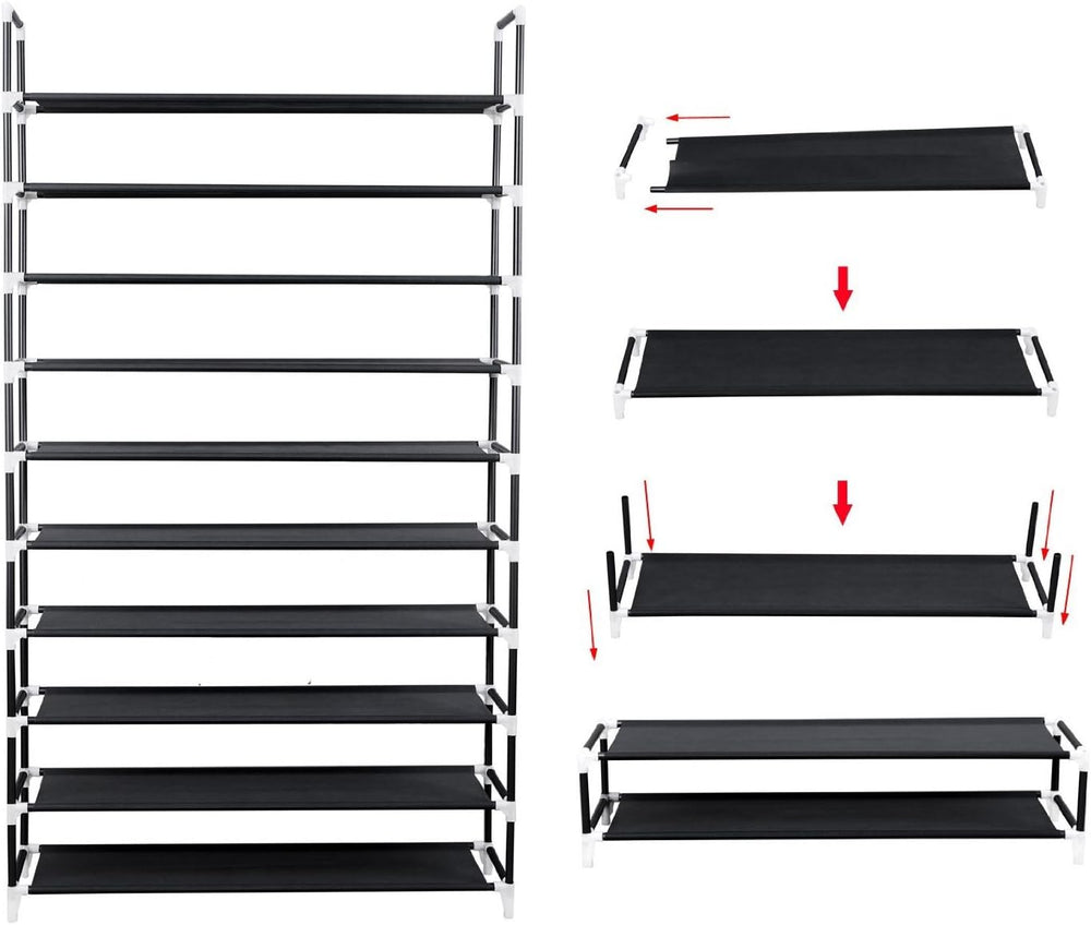 10 Tiers Shoe Rack 50 Pairs Non Woven Fabric Shoe Tower Storage Organizer, Bl...