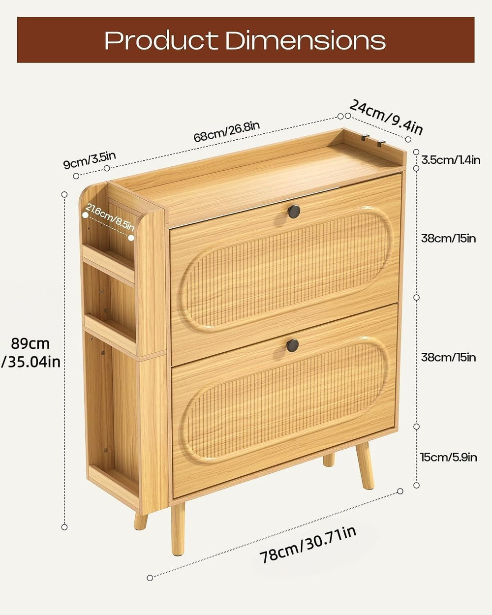 Turosur Shoe Cabinet Storage for Entryway, Adjustable Side Rack, Rustic Oak