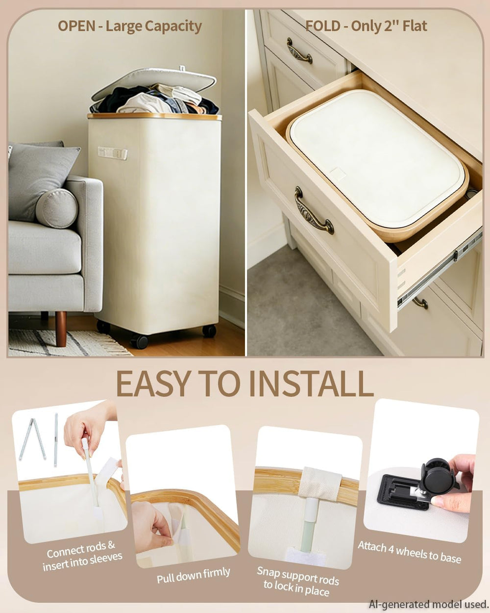 Laundry Basket with Wheels, 110L Large Rolling Laundry Hamper for Dorm