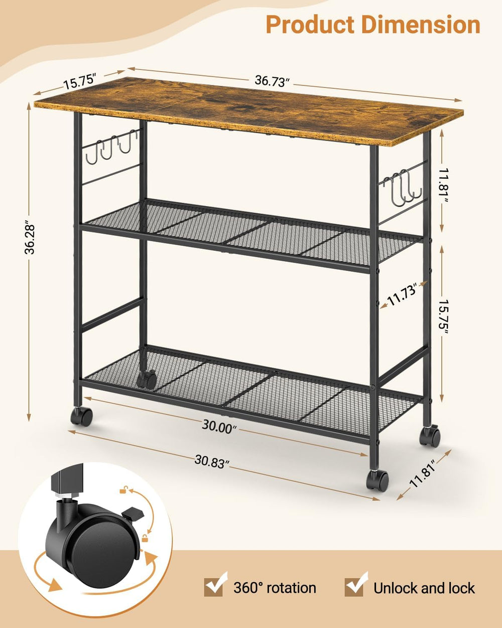 Kitchen Island with 3 Shelves, Rolling Kitchen Cart with 6 Hooks and Protecti...