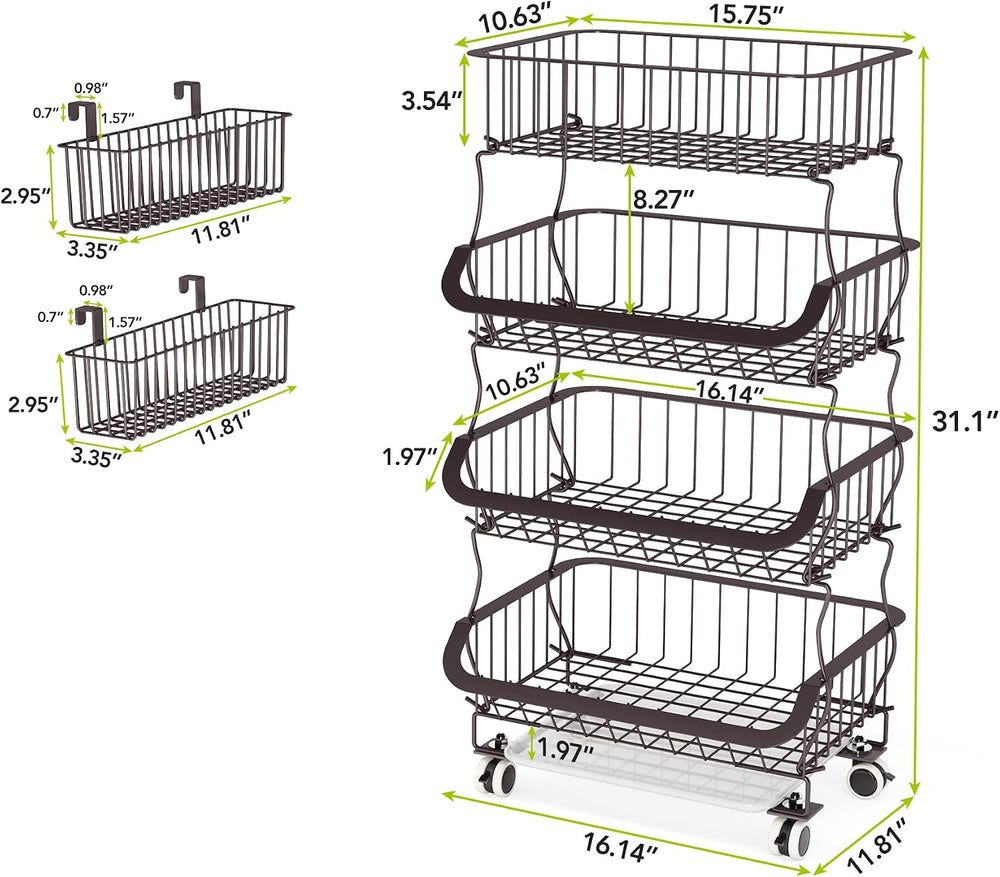 1Easylife Fruit Vegetable Basket, 4 Tier Stackable Metal Wire Basket Cart wit...