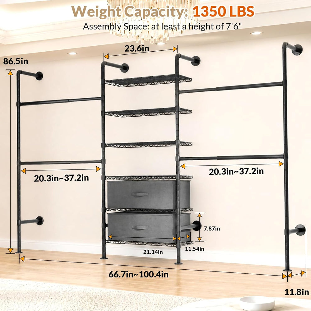 Wall Mounted Clothes Rack with 2 Drawers, 3 Row Expandable Closet