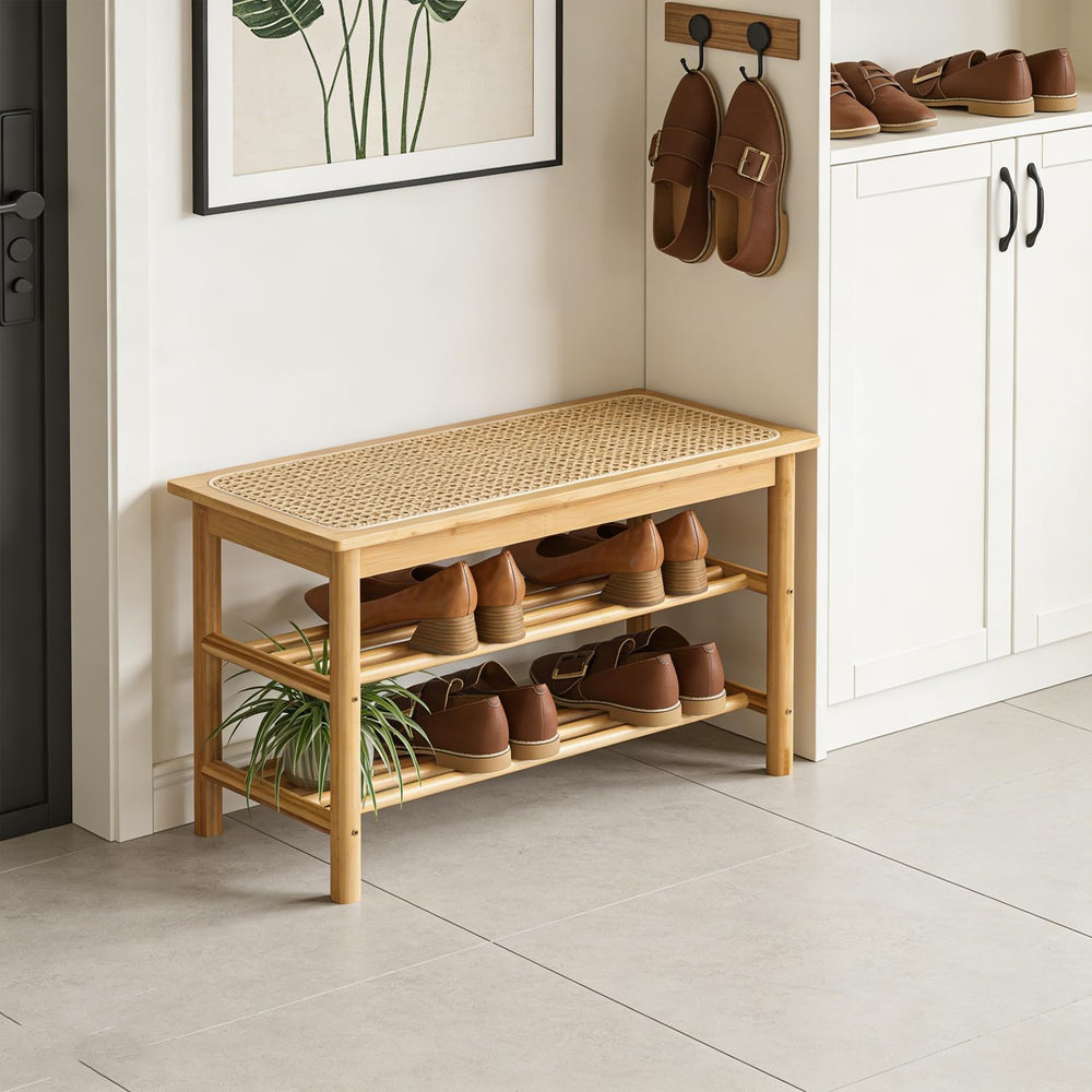 latifolia Shoe Rack Bench, 3-Tier Bamboo Shoe Bench with Breathable Rattan Se...