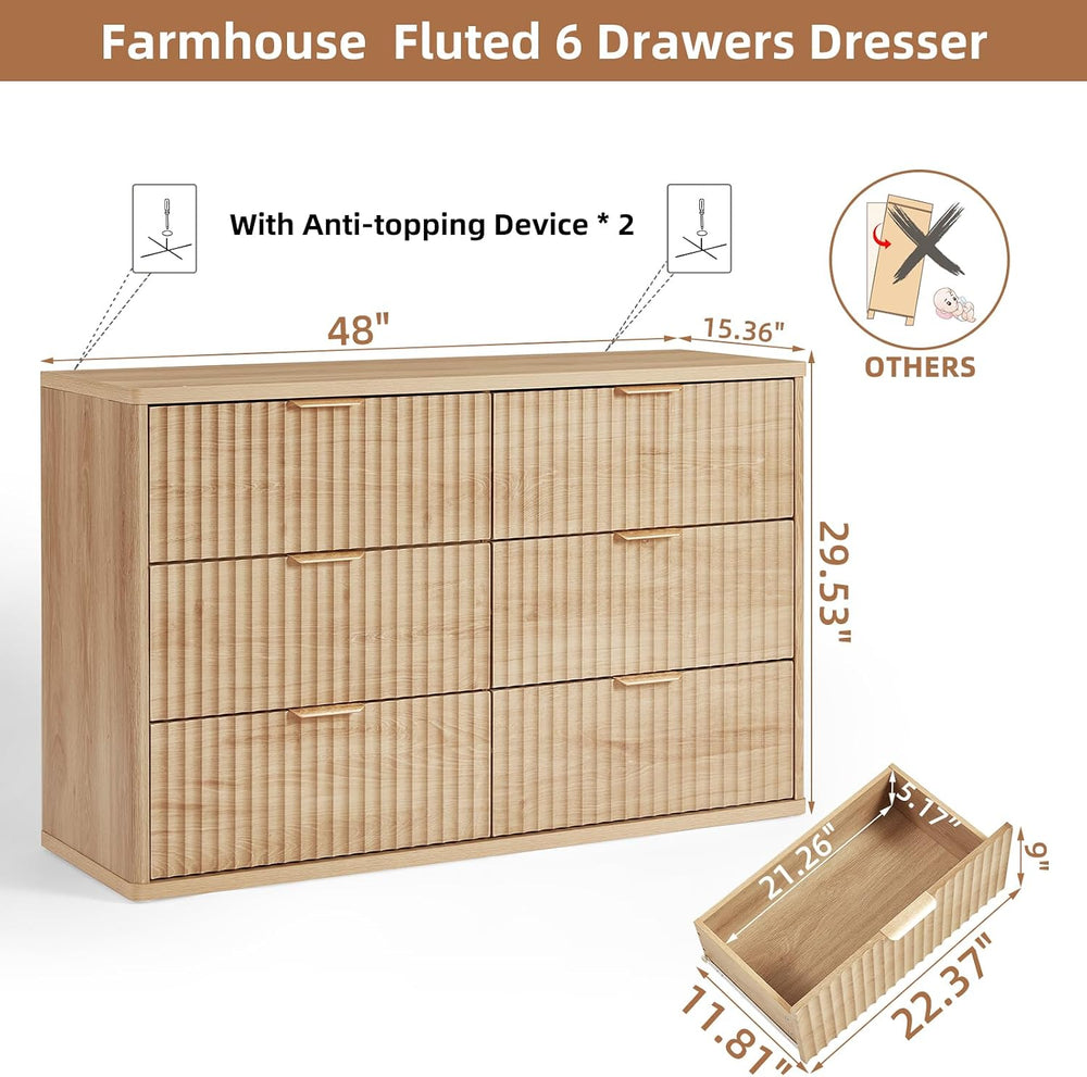 LEYAOYAO Fluted 6 Drawers Dresser for Bedroom, 48" Wide Modern Chest of ...