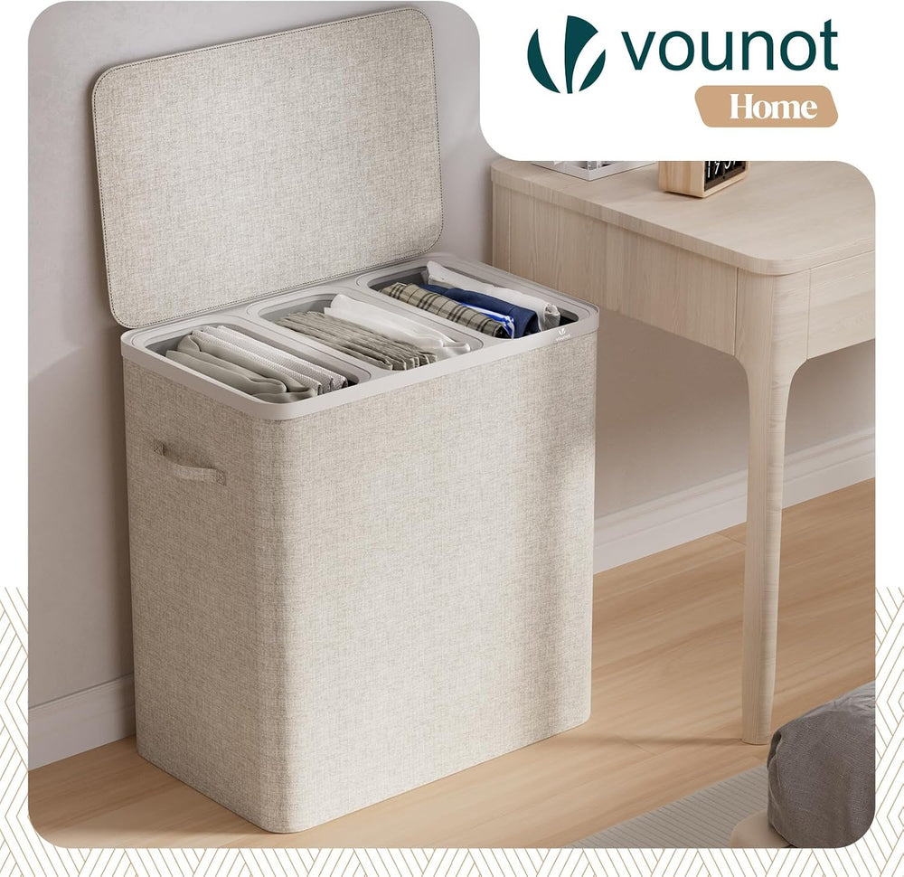 VOUNOT® 170L Laundry Basket with Lid, Rectangular 3 Compartment Laundry Hampe...