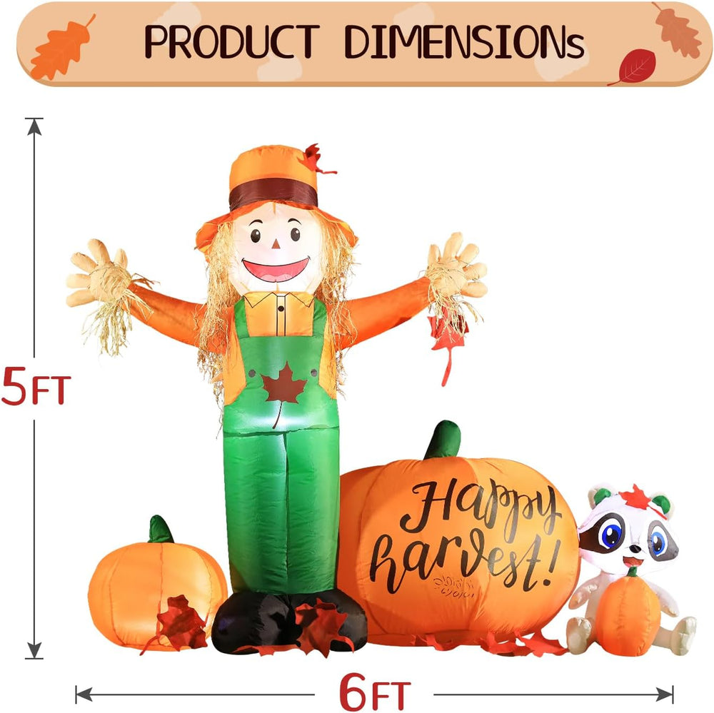 DomKom 6ft Tall LED Lighted Inflatable Scarecrow and Pumpkin โ Halloween Than...