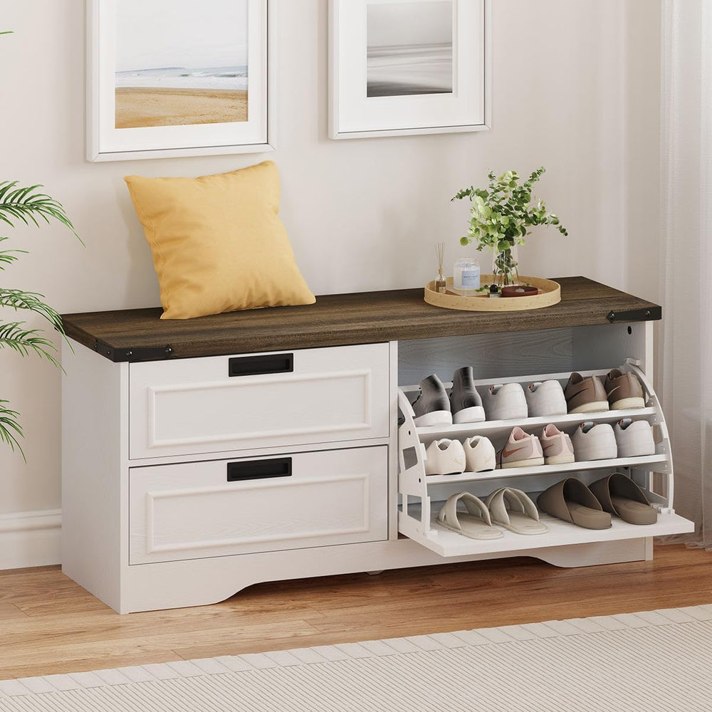 FATORRI Shoe Storage Bench with Flip Drawer, Wooden Entryway Bench, Modern Sh...