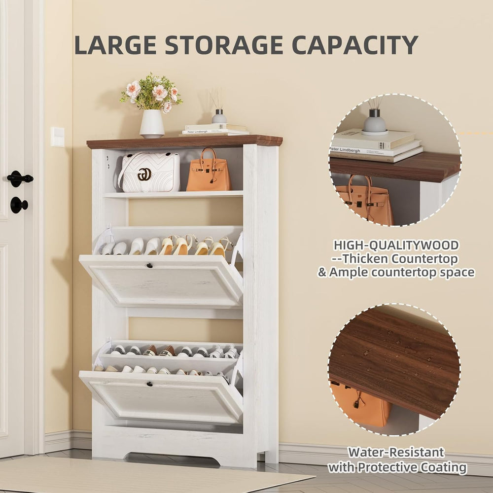 39" Farmhouse Shoe Storage Cabinet with 2 Flip Drawers and Adjustable En...