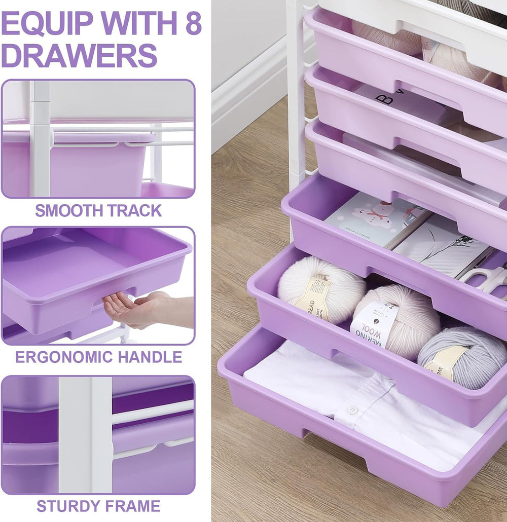 SYKIARIOL Rolling Cart with Drawers,8 Drawers Storage Cart,Purple