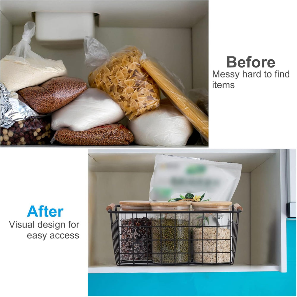 Wire Basket 4 Pcs Metal Wire Storage Basket with Wooden Handles for Pantry