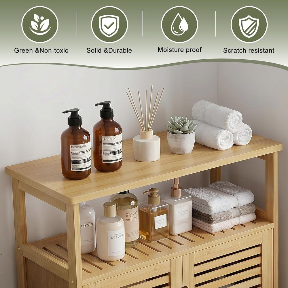 Bamboo Freestanding Bathroom Floor Storage Cabinet with Doors & Shelf