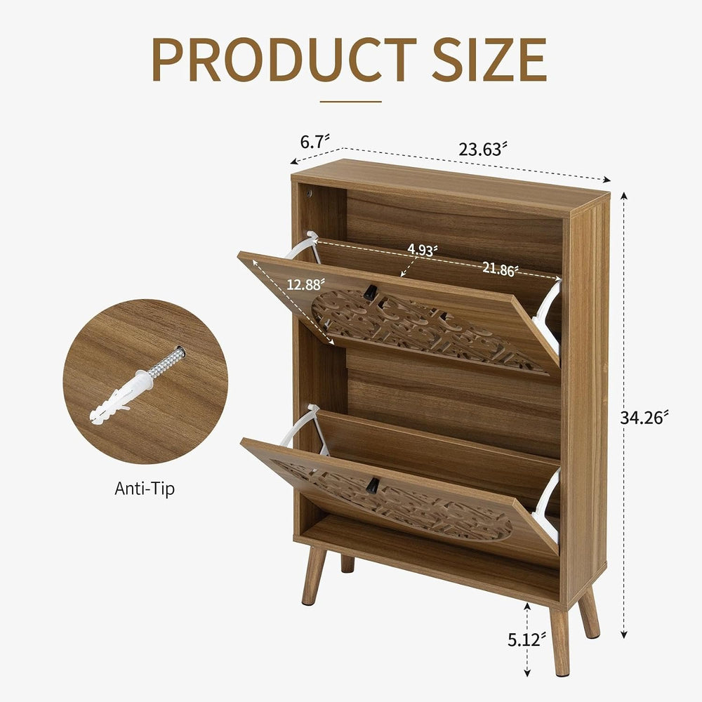 6.7"Ultra-Slim Concealed Shoe Storage Cabinet 2 Flip Drawers Walnut