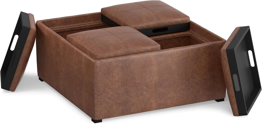 SIMPLIHOME Avalon 35" Wide Vegan Leather Storage Ottoman in Umber Brown